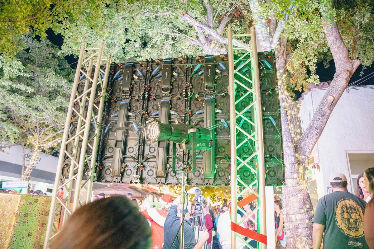 Rear of an LED video wall rigged on a ground-support truss structure