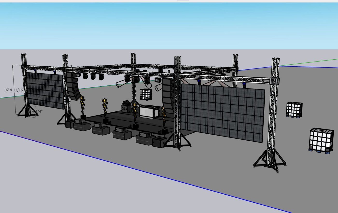 Three-dimensional model of the stage showing truss towers, two LED walls, flown speakers and ballast tanks