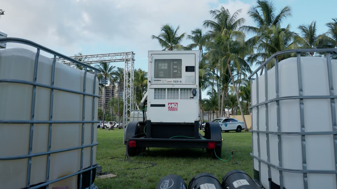 Generator and water ballast tanks supplying power to the park build